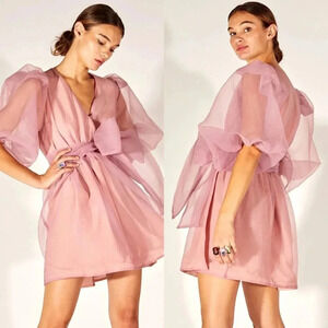 Cynthia Rowley Irene Pink Organza Wrap Puff Sleeve Mini Dress NWT XS